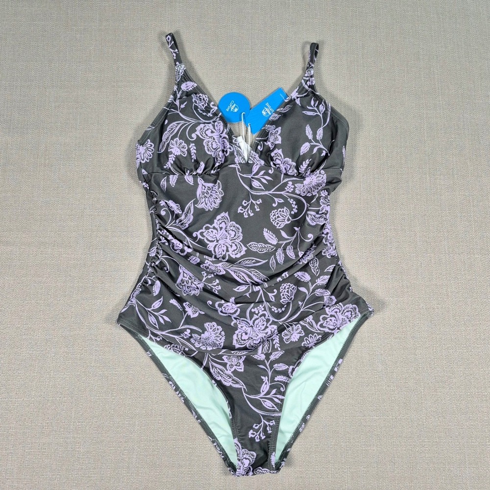 Cupshe Womens Floral One Piece Swimsuit Purple‎ Grey Tummy Control Medium NWT